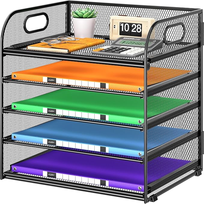 Cawukege 5 Tier Paper Organizer with Handle, Black Metal Mesh Desk Organizer File Folder Paper Letter Tray Desktop Document Sorter for Classroom, School, Office Accessories Organization and Storage by Cawukege