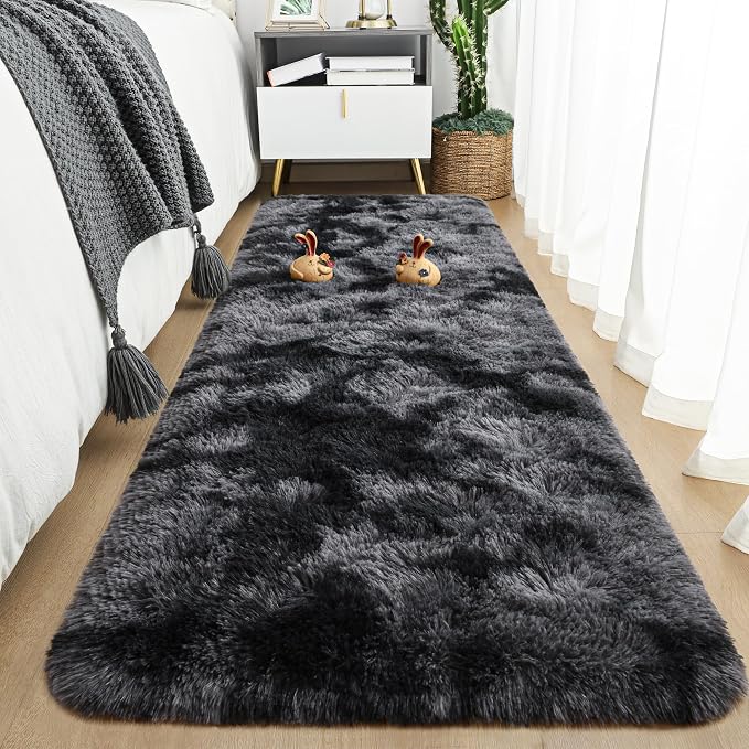 Tepook Fluffy Runner Rugs for Bedroom Aesthetic 2x6 Feet, Shag Soft Bedside Rug with Non-Slip Bottom, Fuzzy Plush Carpet for Room, Hallway Rug for Nursery Dorm Indoor Home Decor, Tie-dye Dark Grey by Tepook