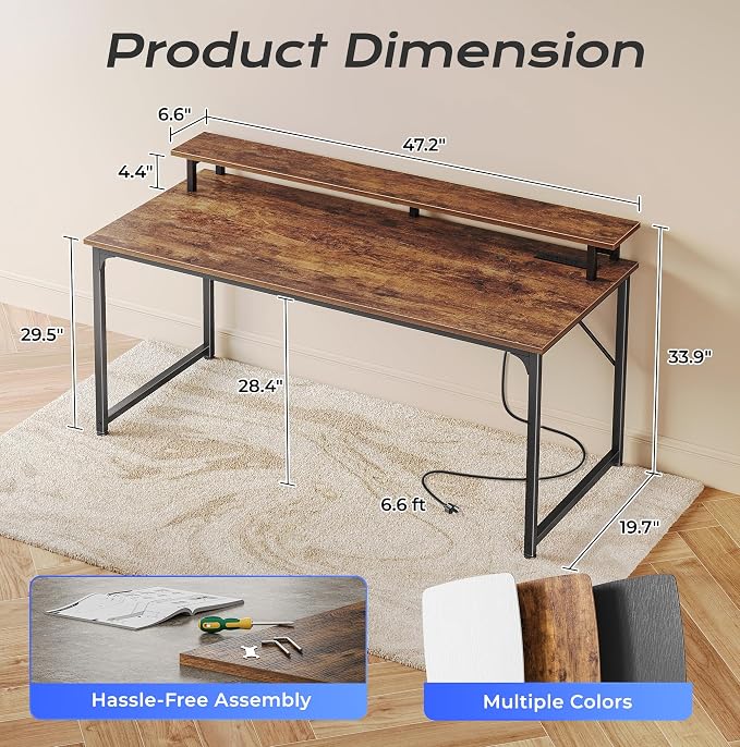 PRAISUN 48 inch Gaming Desk, LED & Outlets, Monitor Stand, Rustic Brown | Sturdy PC Desk for Home Office, Study & Work, LED Lights, 4 AC Outlets & USB-C Charging Station - Image 3