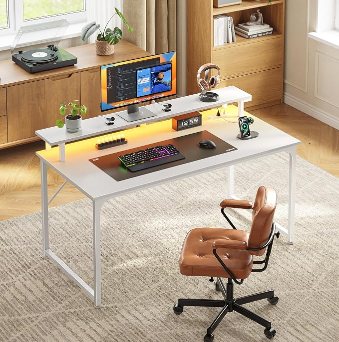 PRAISUN 40 inch Gaming Desk, LED & Power Outlets, Monitor Stand, White | Sturdy PC Desk for Home Office, Study & Work, LED Lights, 4 AC Outlets & USB-C Charging Station - Image 2