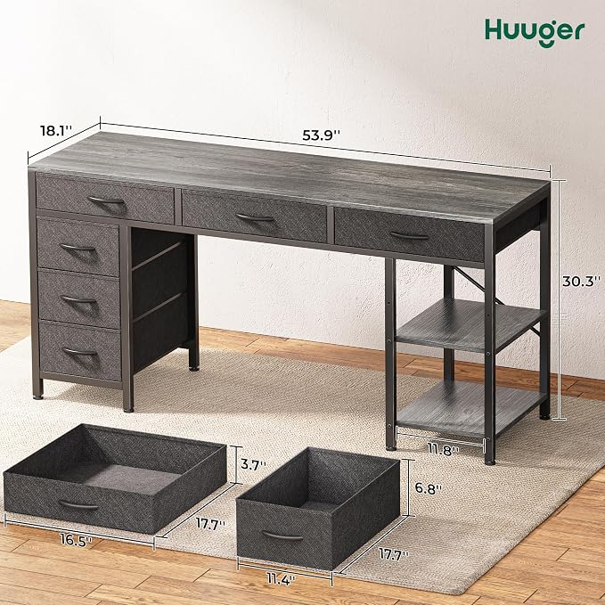 Huuger Computer Desk with 6 Drawers, Office Desk with Shelves, Reversible Gaming Desk, Corner Desk with Storage, Work for Home Office, Study, Living Room, 54inch, Grey - Image 3
