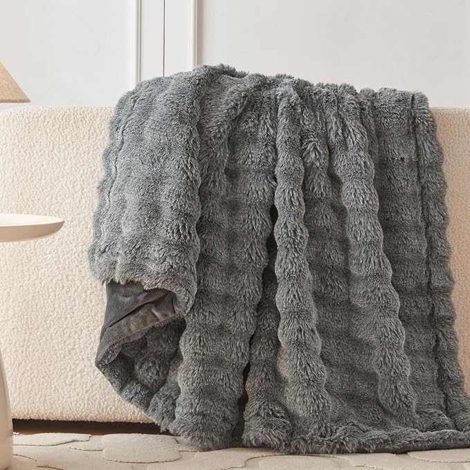 COOVA Faux Fur Throw Blanket for Couch, Cozy Soft and Fuzzy Plush Rabbit Fur Bubble Blanket for Sofa Bedroom Living Room, 50x60 Inches Cationic Light Grey - Image 3
