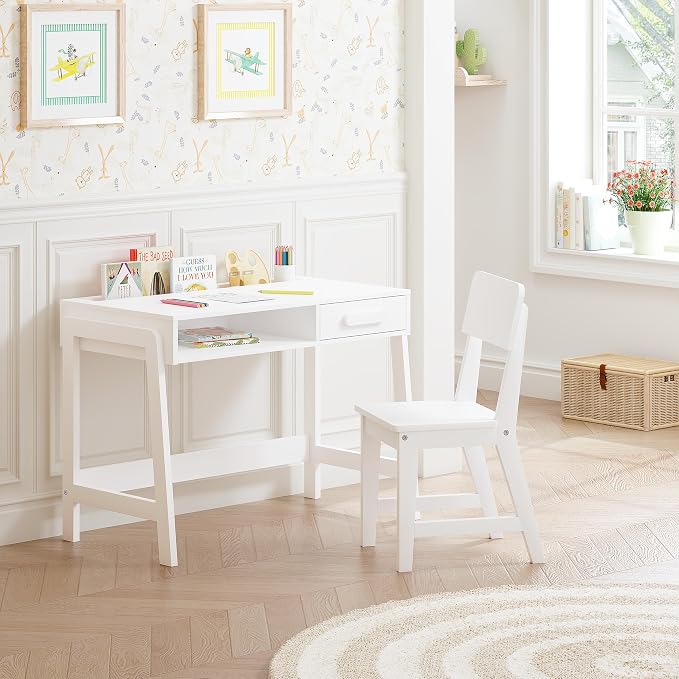 UTEX Kids Desk and Chair Set, Study Desk for Kids with Storage Bins, Wooden Children Study Table, Student Writing Desk for Bedroom & Study Room (1 Open & 1 Drawer) - Image 8