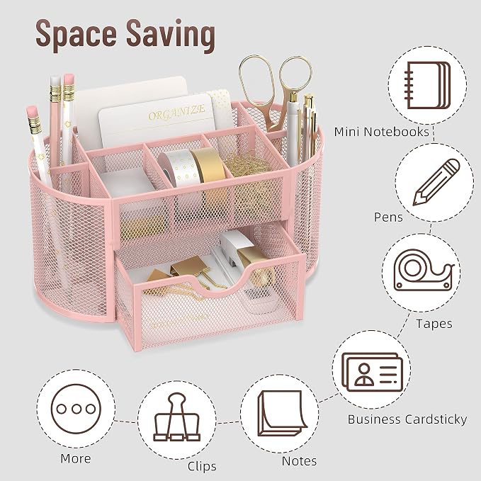 Mesh Desk Organizer with Drawer, 9-Compartment Pen Holder for Desk, Pink | Pull-Out Drawer Stores Pens, Pencils, Clips, Notes, and Small Office or School Supplies in One Compact Desk Caddy - Image 3