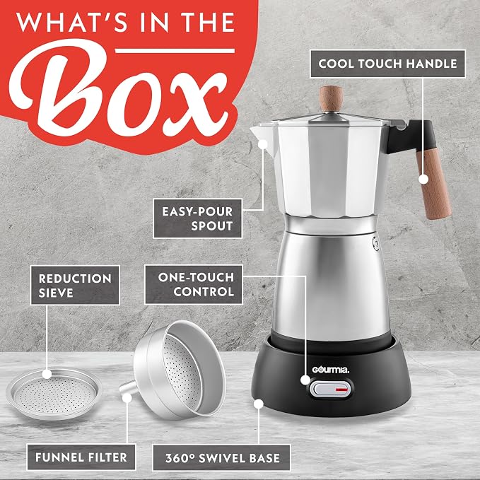 Gourmia Electric Moka Pot Espresso Maker – 6 Shot Italian-Style Coffee Brewer, 550W Detachable 360° Cordless Base, Food-Grade Aluminum, Beechwood Handle - Image 8