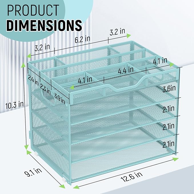 Docnest 5 Tier Mesh Desk Organizer with Removable Tray&Pen Holder, Blue | Features 3 detachable pen holders and 4 removable dividers.Versatile mesh desktop storage for mail, document,office supplie - Image 3
