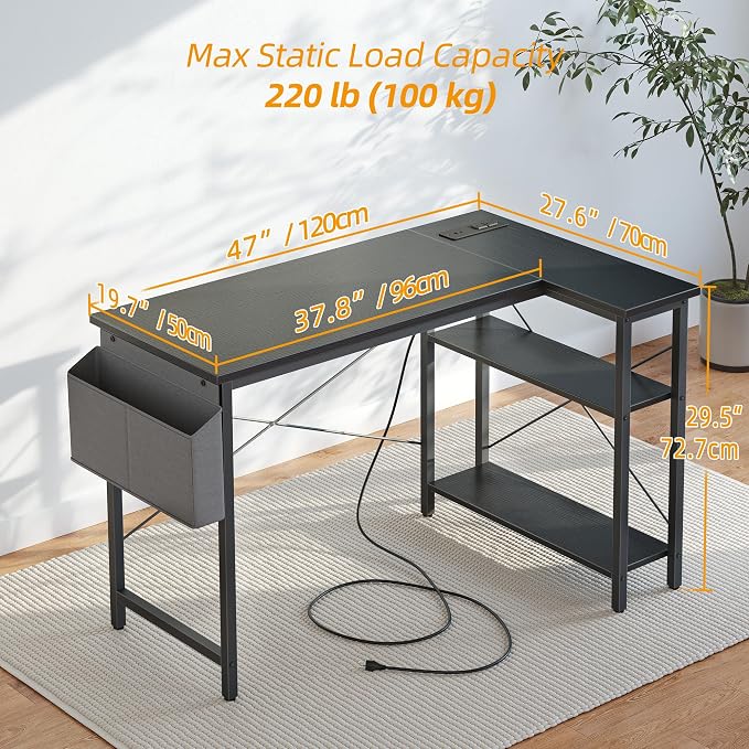 TIQLAB L Shaped Computer Desk with Power Outlets, 47 Inch Small Corner Desk with Reversible Shelves, Gaming Desk Computer Table Study Writing Table for Home Office Bedroom Small Space, Black - Image 3