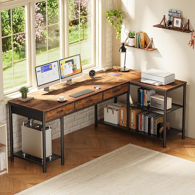 PRAISUN 63 Inch L Shaped Office Desk with Power Outlets and Type-C Port, Large Computer Gaming Desk with 3 Fabric Drawers, Mesh Shelves, Corner Study Work Writing Desk, Rustic Brown - Image 2