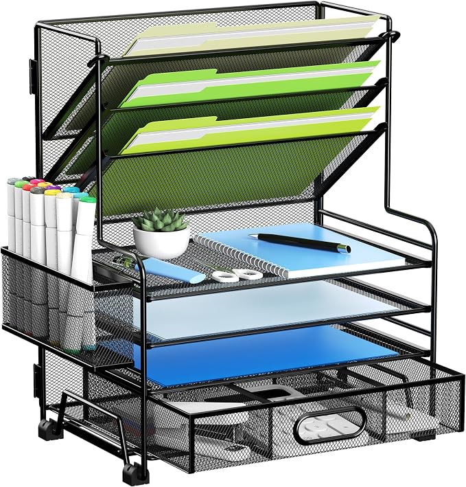 MINDEPOT 4-Tier Paper Organizer + 3-Pocket File Holder + Drawer + Pen Holders, Desktop File Organizers Paper Tray for Office Accessories School Classroom Organization (Black) by MINDEPOT