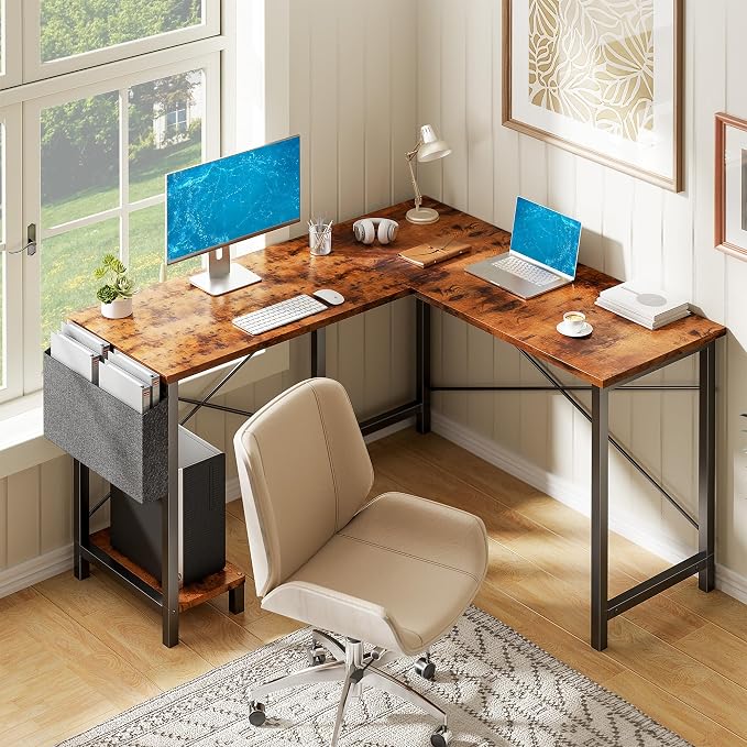 Alpen Corner Desk, L Shaped Gaming Desk with Storage Pocket and CPU Stand, Work Desk for Home Office, Small Corner Study Writing Table with Sturdy Metal Frame, 50 Inch, Rustic Brown by ALPEN