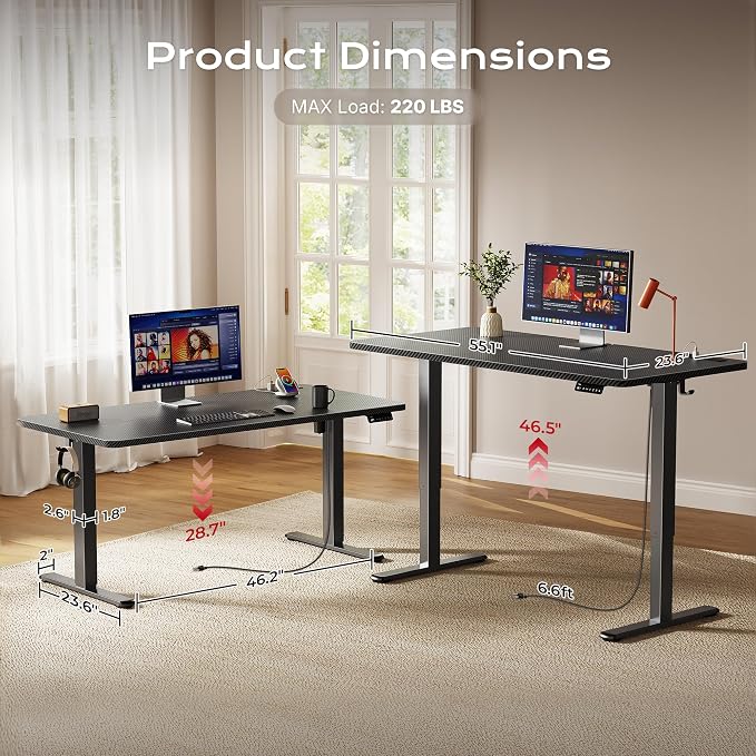 Huuger Electric Standing Desk with Power Outlets and USB-C Port, 55 X 24 Inch Height Adjustable Desk, Sit Stand Desk for Home Office, Computer & Gaming Desk with 4 Presets, Carbon Black - Image 5