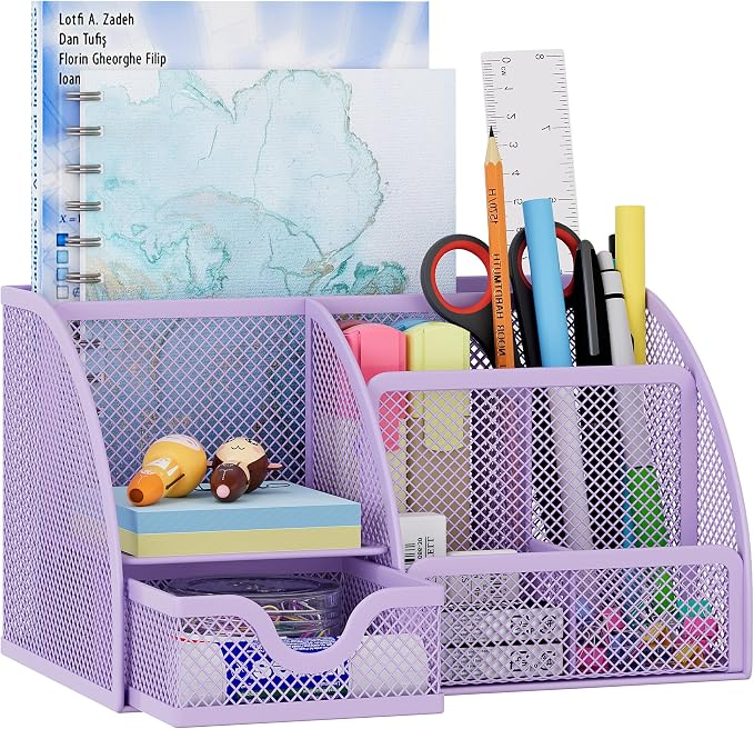 EasyPAG Mesh Desk Organizer with Drawer Multi-functional Pen Holder Stationery Organizer for Office School Supplies 6 Compartments Dorm Organizers and Storage for Desk, Light Purple - Image 2