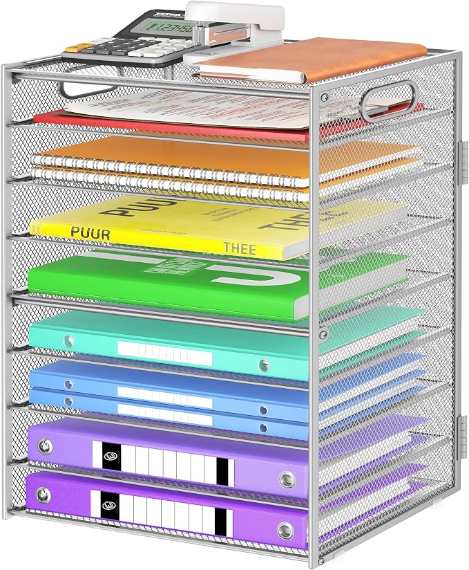 Cawukege 9 Tier Paper Organizer with Handle, Large Capacity Desk Organizer Mesh File Folder Letter Paper Tray Desktop Document Sorter for Classroom, School, and Office Accessories Organization- Silver by Cawukege