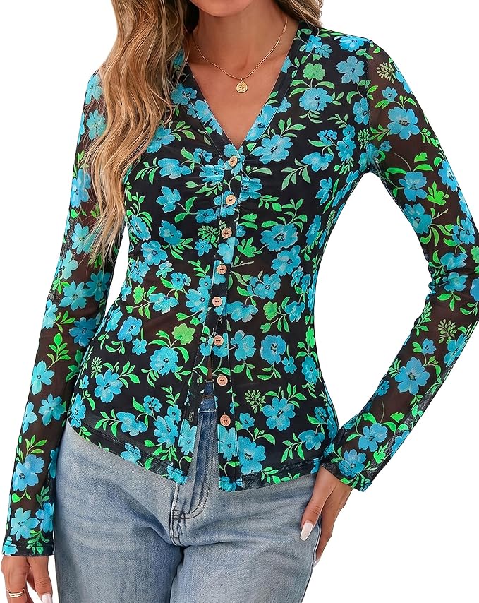 BTFBM Button Down Shirts for Women 2026 Fall Boho Tops V Neck Long Sleeve Blouses Ruched Mesh Fitted Fashion Clothing - Image 2