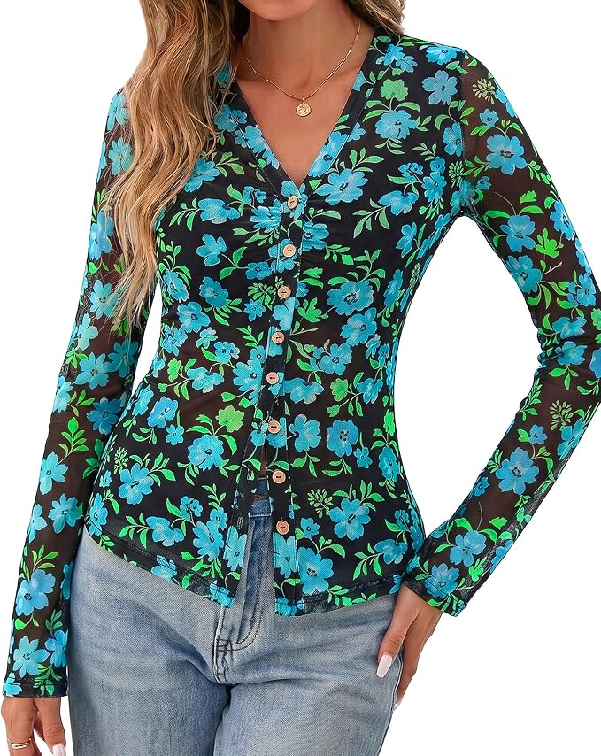 BTFBM Button Down Shirts for Women 2026 Fall Boho Tops V Neck Long Sleeve Blouses Ruched Mesh Fitted Fashion Clothing - Image 2