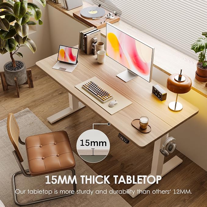 TIQLAB Electric Standing Desk, Adjustable Height Stand up Desk, 63 * 24 Inches Sit Stand Home Office Table with Splice Board, Light Walnut - Image 3