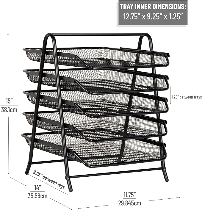Mind Reader 5-Tier Paper Tray Organizer, Vertical Desktop File Storage Rack, Office, Metal Mesh, Black - Image 3