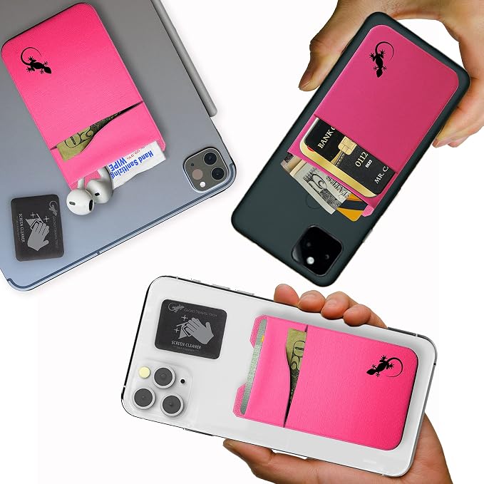 Gecko Travel Tech Double Pocket - Adhesive Card Holder - Cell Phone Pouch - Stick on Spandex Pocket - Carry Credit Cards and Cash (PINK BLACK) - Image 2