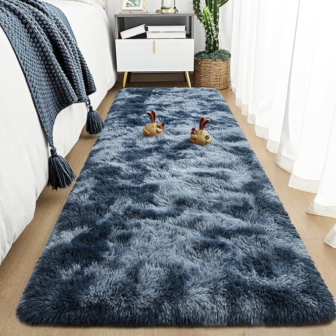Tepook Soft Runner Rugs for Bedroom Living Room, Fluffy Plush Rug 2x6 for Kids Girls Room, Shag Furry Area Rug Non Slip Carpet for Nursery Children Dorm Home Decor, Tie-dye Dark Blue by Tepook