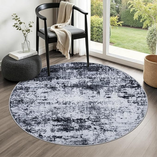 Round Area Rug for Living Room: 4 ft Washable Modern Abstract Soft Thin Rug Indoor Floor No Slip Stain Resistant Carpet for Bedroom Dining Room Farmhouse Nursery Home Office - Black by FXRHLP