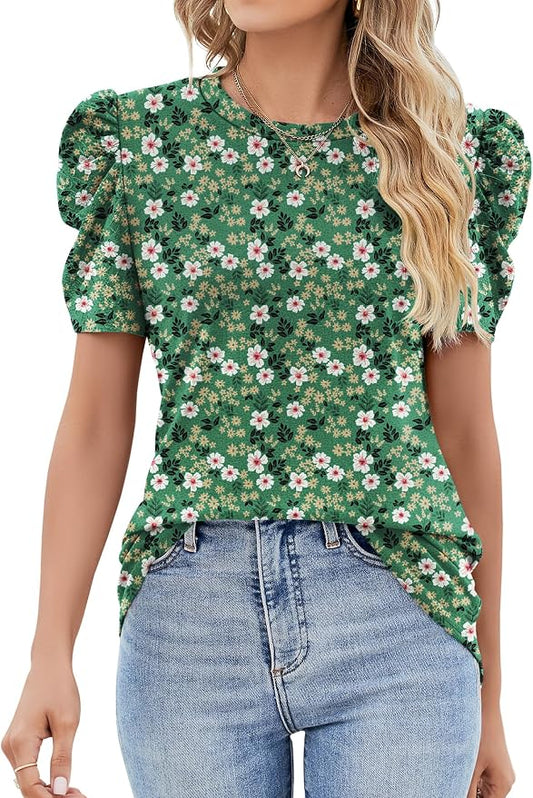 Ivicoer Puff Short Sleeve Shirt for Women Eyelet Tops Summer Crewneck Blouse Loose Fit S-XXL by Ivicoer