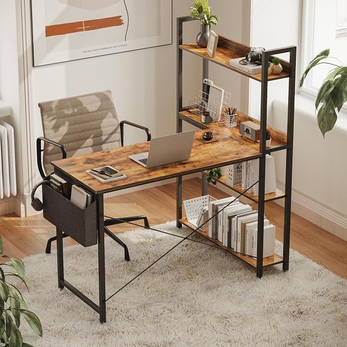 Treesland 55 Inch Computer Desk with Storage Shelves, L Shaped Desk with Storage, Corner Desk with Shelves, Home Office Desks, Bookshelf Desk, Writing Study Desk for Bedroom, Brown - Image 4