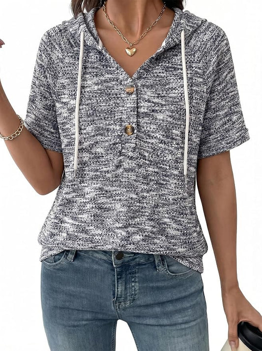 Dokotoo Womens Summer Tops 2026 Short Sleeve Button V Neck Waffle Knit Lightweight Drawstring Hoodies Casual Blouses Shirts by Dokotoo