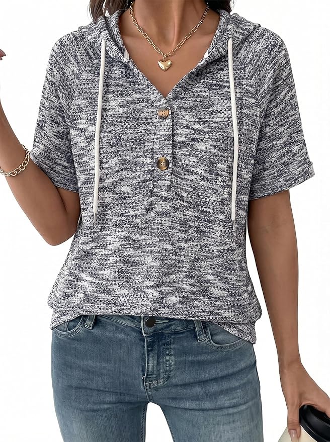 Dokotoo Womens Summer Tops 2026 Short Sleeve Button V Neck Waffle Knit Lightweight Drawstring Hoodies Casual Blouses Shirts by Dokotoo