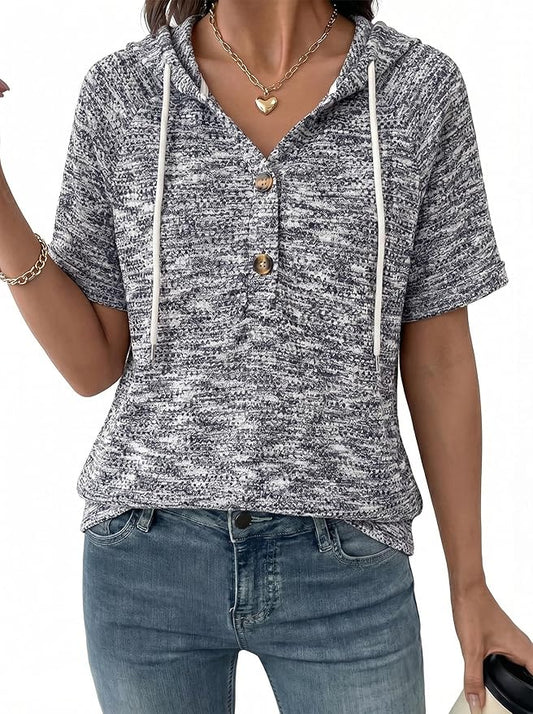 Dokotoo Womens Summer Tops 2026 Short Sleeve Button V Neck Waffle Knit Lightweight Drawstring Hoodies Casual Blouses Shirts by Dokotoo