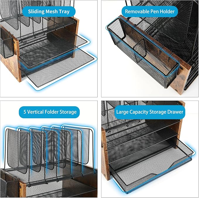 OPNICE Desk Organizer, 4-Tier Desktop File Organizer with Drawer and Pen Holders, Office Desk Accessories, File Sorters, Workspace Organizers for Office Supplies(Brown) - Image 6