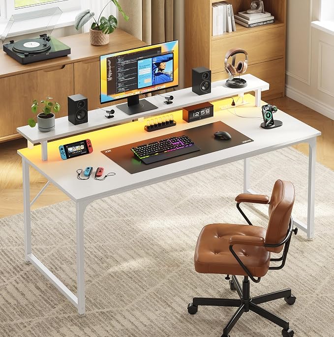 PRAISUN 48 inch Gaming Desk, LED & Power Outlets, Monitor Stand, White | Sturdy PC Desk for Home Office, Study & Work, LED Lights, 4 AC Outlets & USB-C Charging Station - Image 2