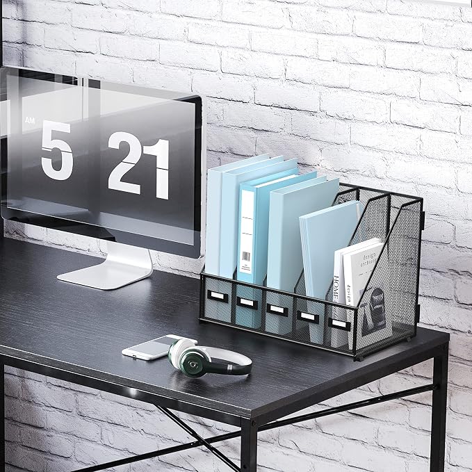 SUPEASY Desk Organizers Metal Desk Magazine File Holder with 5 Vertical Compartments Rack File Organizer for Office Desktop, Classroom, Home Workspace, Black - Image 3
