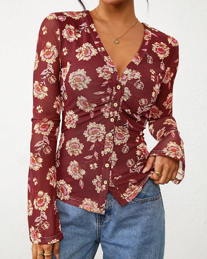 BTFBM Button Down Shirts for Women 2026 Fall Boho Tops V Neck Long Sleeve Blouses Ruched Mesh Fitted Fashion Clothing - Image 2