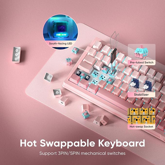 RedThunder K95 Wireless Mechanical Keyboard, TFT Screen & Knob, Triple-Mode, Custom Gasket Mount Hot-Swap, Pre-lubed Linear Pink Switches, RGB Backlit, Side-Printed PBT Keycaps, Gradient Sakura Pink - Image 6
