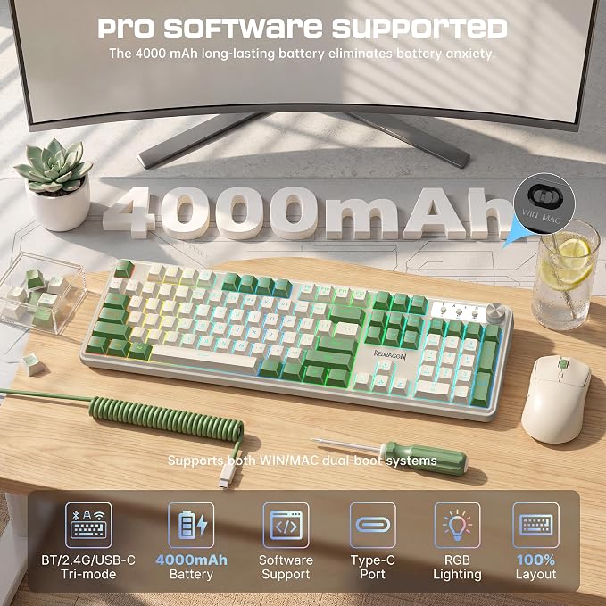 Redragon RM104 Wireless Gaming Keyboard with Knob, Tri-Mode BT/2.4G/USB-C RGB Computer Keyboards, 4000mAh Battery, Programmable Software Support, Anti-Ghosting, Compatible with PC Mac - White & Green - Image 6