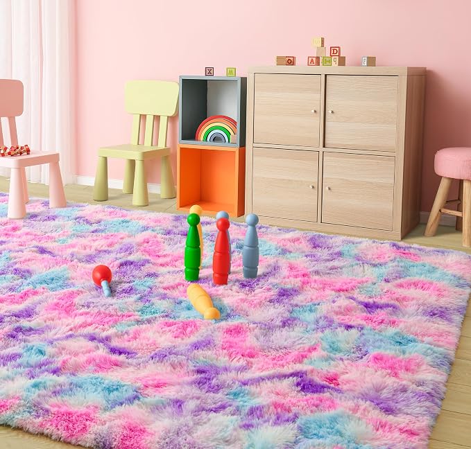 Tepook Pink Blue Purple Area Rug for Girls Room, Fluffy 6x9 Cute Soft Colorful Kids Rugs for Bedroom Dorm Classroom Nursery Playroom, Fuzzy Shaggy Rainbow Princess Carpet for Toddler Home Decor - Image 8