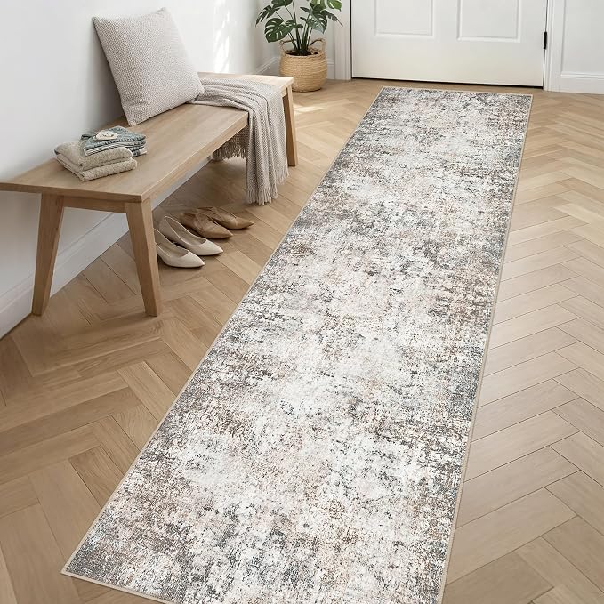 2.6'x14' Runner Rug Washable Rug: Modern Abstract Soft Thin Runner Rug Brown Grey by FXRHLP