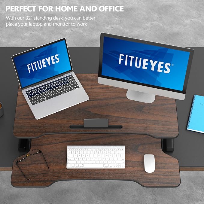 FITUEYES Height Adjustable Standing Desk 32” Wide Sit to Stand Converter Stand Up Desk Tabletop Workstation for Laptops Dual Monitor Riser Brown SD308002WE - Image 5