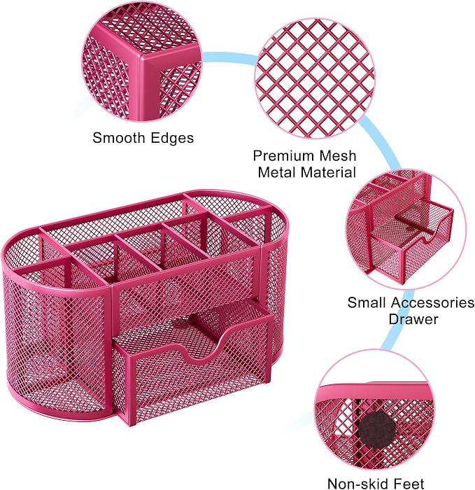 EasyPAG Mesh Pen Holder Desk Organizer with Drawer Stationery Supplies Organizer for Dorm School 9 Compartments Workspace Desk Accessories Organization for Office, Hot Pink - Image 4
