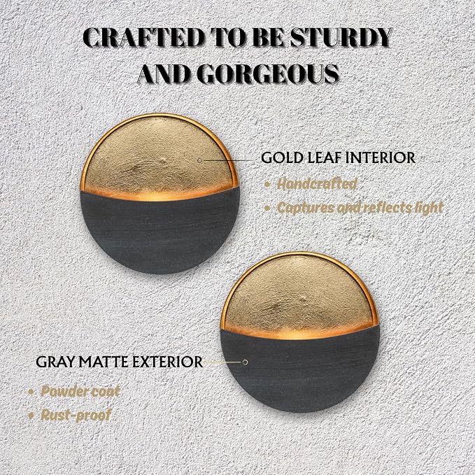 Eclipse Candle Sconces Set of 2, Wall Candle Holders with Gold Interior | Modern Gray Metallic Wall Candlestick Holders with Golden Foil Christmas Decor for Living Room, Bedroom, or Farmhouse Decor - Image 5