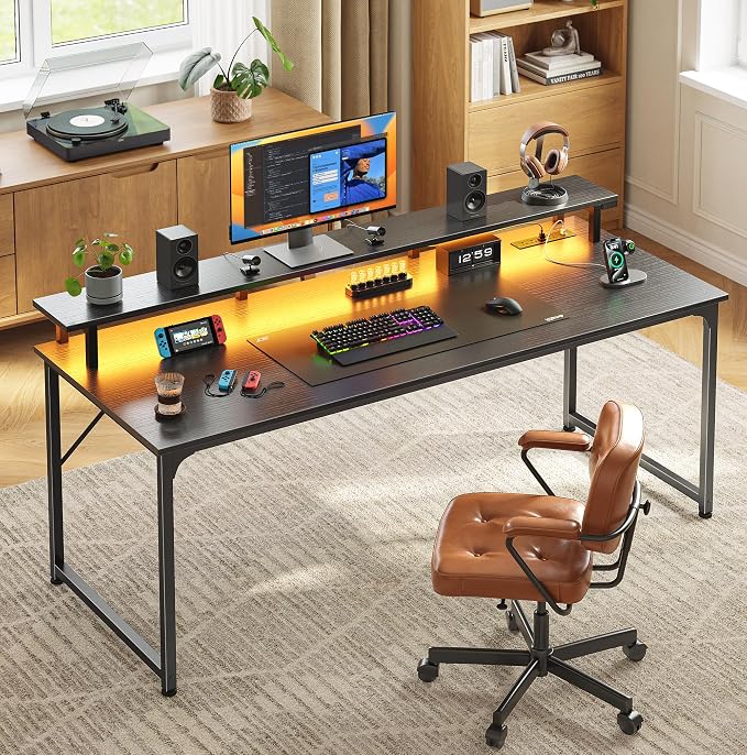 PRAISUN 55 inch Gaming Desk, LED & Power Outlets, Monitor Stand, Black | Sturdy PC Desk for Home Office, Study & Work, LED Lights, 4 AC Outlets & USB-C Charging Station - Image 2