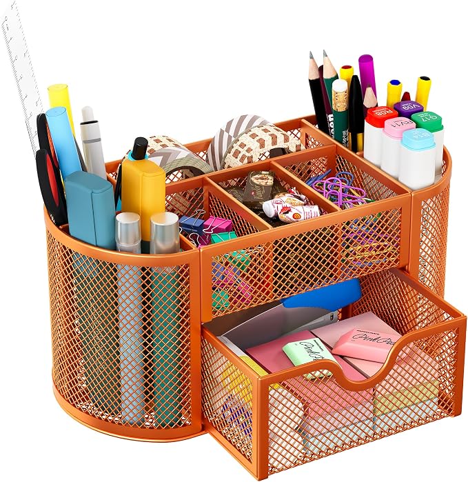 EasyPAG Mesh Pen Holder Desk Organizer with Drawer Stationery Supplies Organizer for Dorm School 9 Compartments Workspace Desk Accessories Organization for Office, Orange by EasyPAG