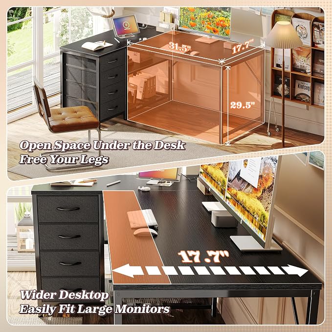 PRAISUN 43.3" Small Computer Desk with Power Outlets & USB-C Port, Reversible L Shaped Corner Office Desk with 4 Fabric Drawers and 2 Adjustable Storage Shelves, for Gaming Writing, Black - Image 6