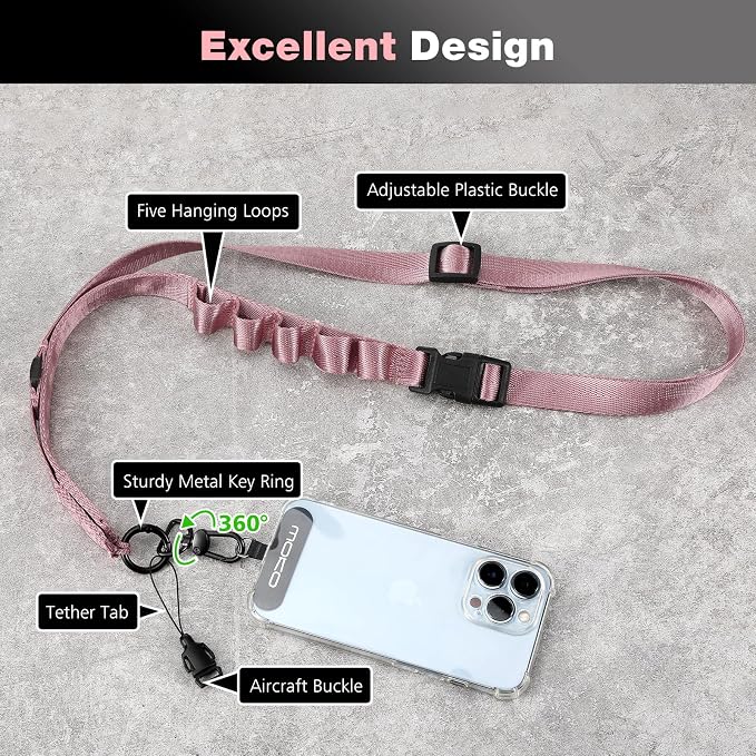 MoKo Universal Phone Lanyard, Nylon Adjustable Cell Phone Crossbody Strap Detachable Women & Men Cellphone Lanyards Around the Neck with Patches for iPhone, Most Smartphone, Rose Gold - Image 2