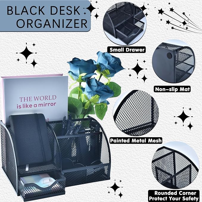 Black Desk Accessories, 24Pcs Office Supplies and Desk Organizers, with Tape Dispenser, Stapler, Staple Remover, Ect, Gift Box Packaging - Image 2