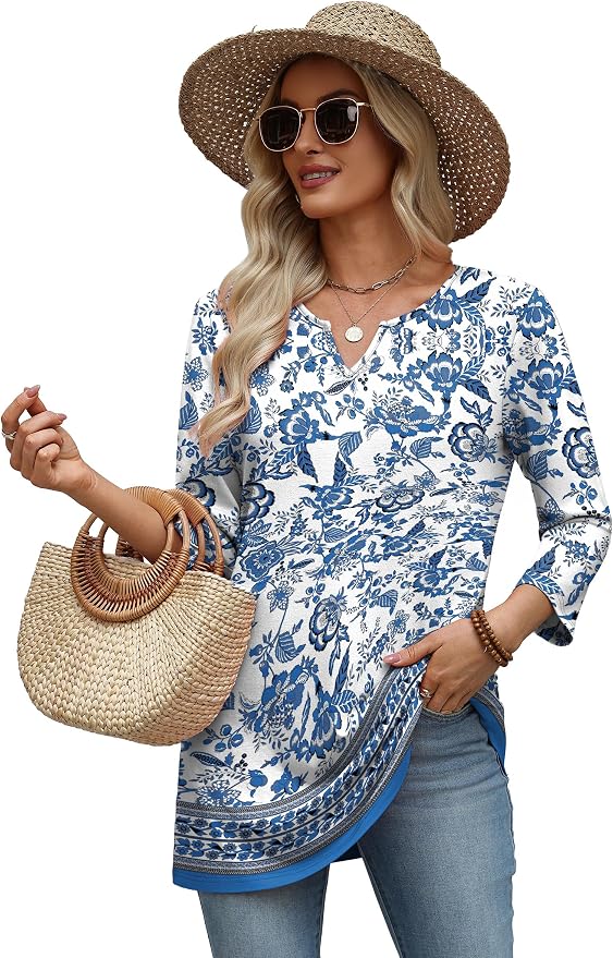 OFEEFAN Summer Boho Tops For Women 3/4 Length Sleeve Womens Tops Vacation Outfits - Image 5