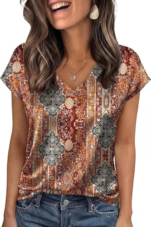 WIHOLL Womens Satin Summer Tops Cap Short Sleeve Blouses V Neck Shirts Business Casual Outfits Fashion Clothing 2026 by WIHOLL