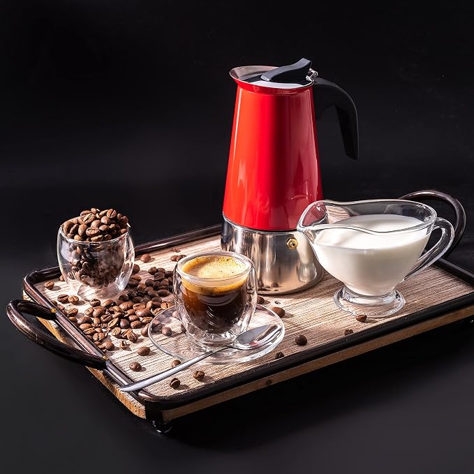 Mixpresso 6 Cup Greca Moka Pot Red Stainless Steel Stovetop Espresso Maker | 300ml/10oz Italian stovetop coffee maker with classic percolator design, ideal for preparing coffee at home or while camping - Image 8