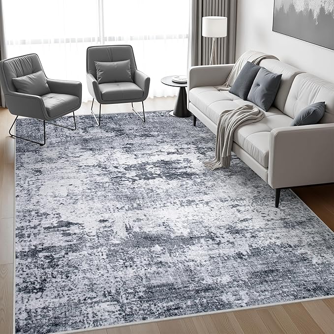 8x10 Area Rug Living Room Rug: Washable Modern Abstract Soft Thin Rug Indoor Floor No Slip Stain Resistant Carpet for Bedroom Dining Room Farmhouse Nursery Home Office - Grey - Image 3