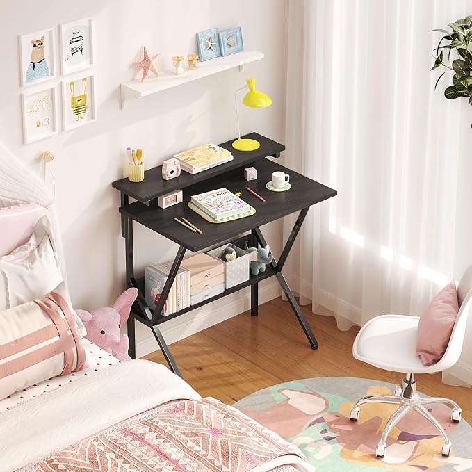 COTUBLR Small Desk, 27.5 Inch Small Computer Desk for Small Spaces, Computer Desk with Adjustable Monitor Stand, Compact Desk with Storage, Tiny Desk Study Desk for Bedroom Home Office, Black - Image 5